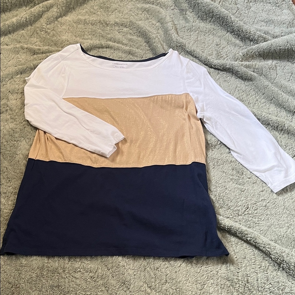 Charter Club White, Gold & Navy Colorblock Boatneck Top
